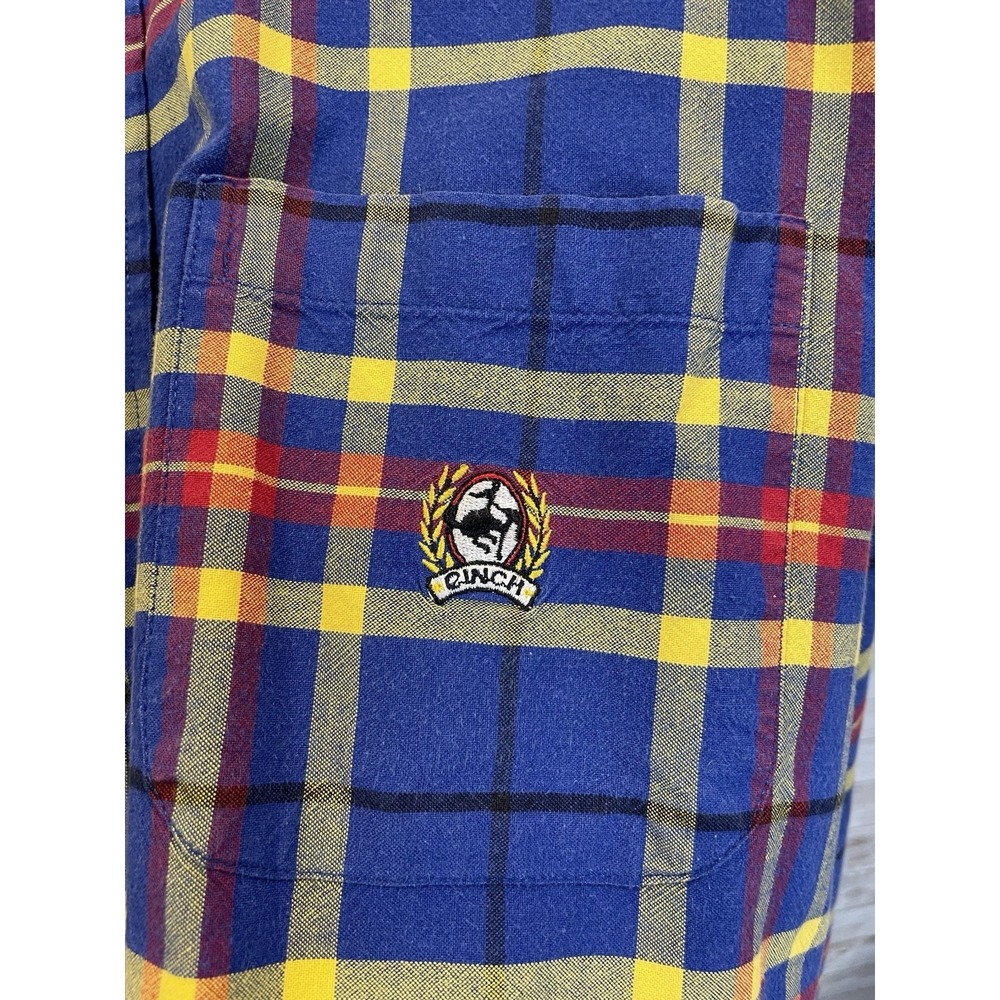Vtg CINCH Mens L Western Shirt Plaid Blue/Yellow Long Sleeve 100% Cotton Cowboy - Picture 3 of 7